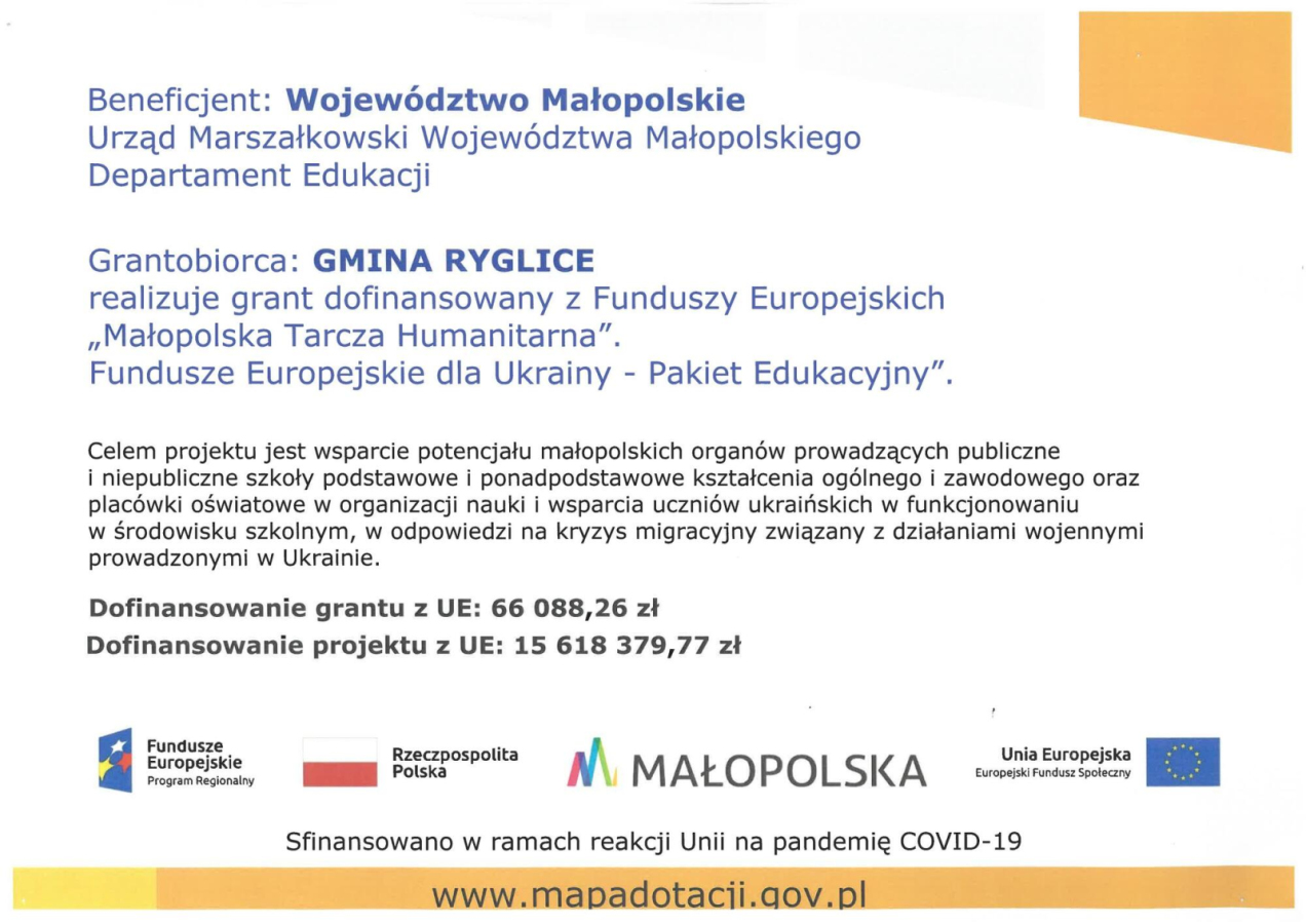 Gmina Ryglice otrzymała grant pieniężny w ramach ''Małopolskiej Tarczy Humanitarnej''